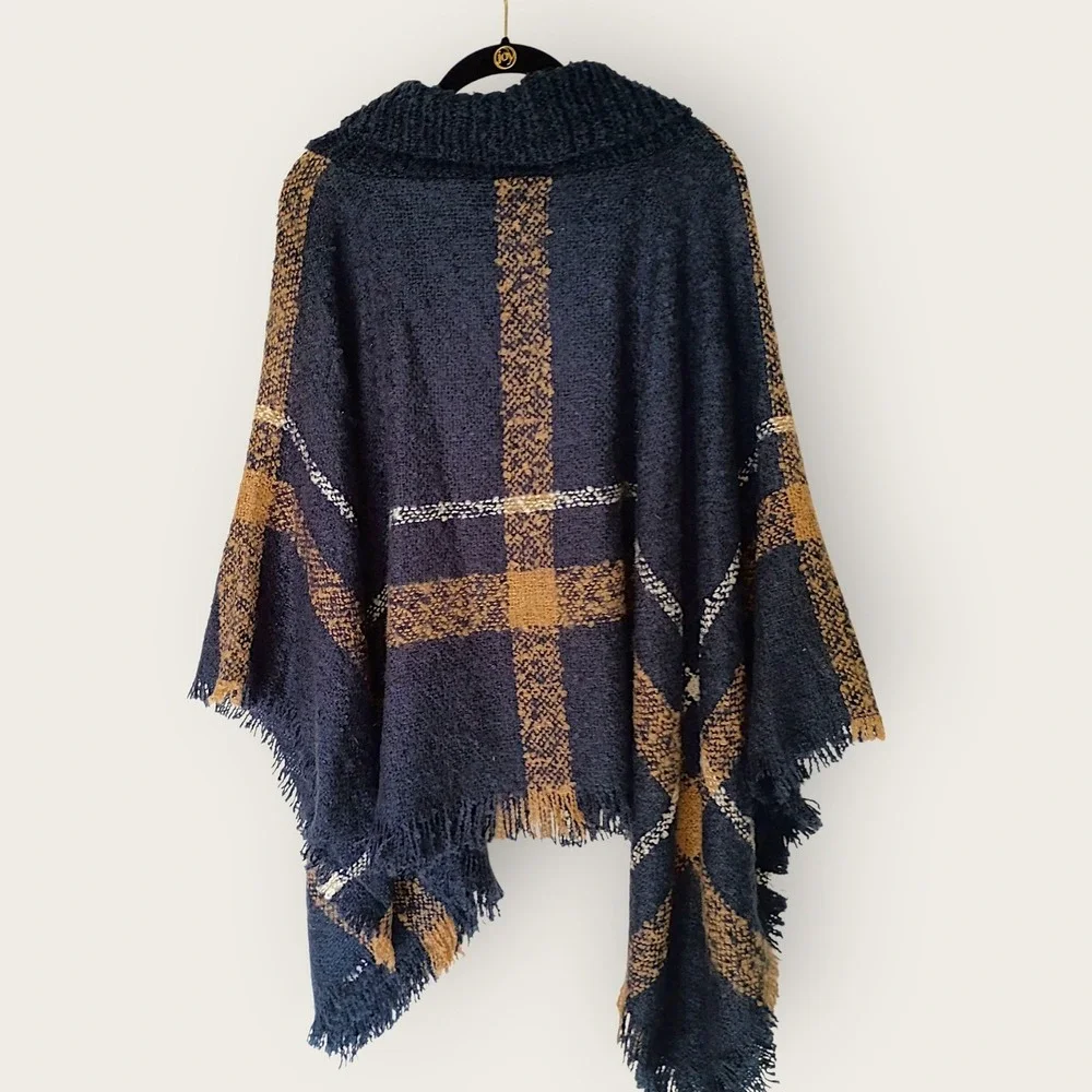 World Market Plaid Cowl Neck Fringe Poncho Navy Mustard Women One‎ Size